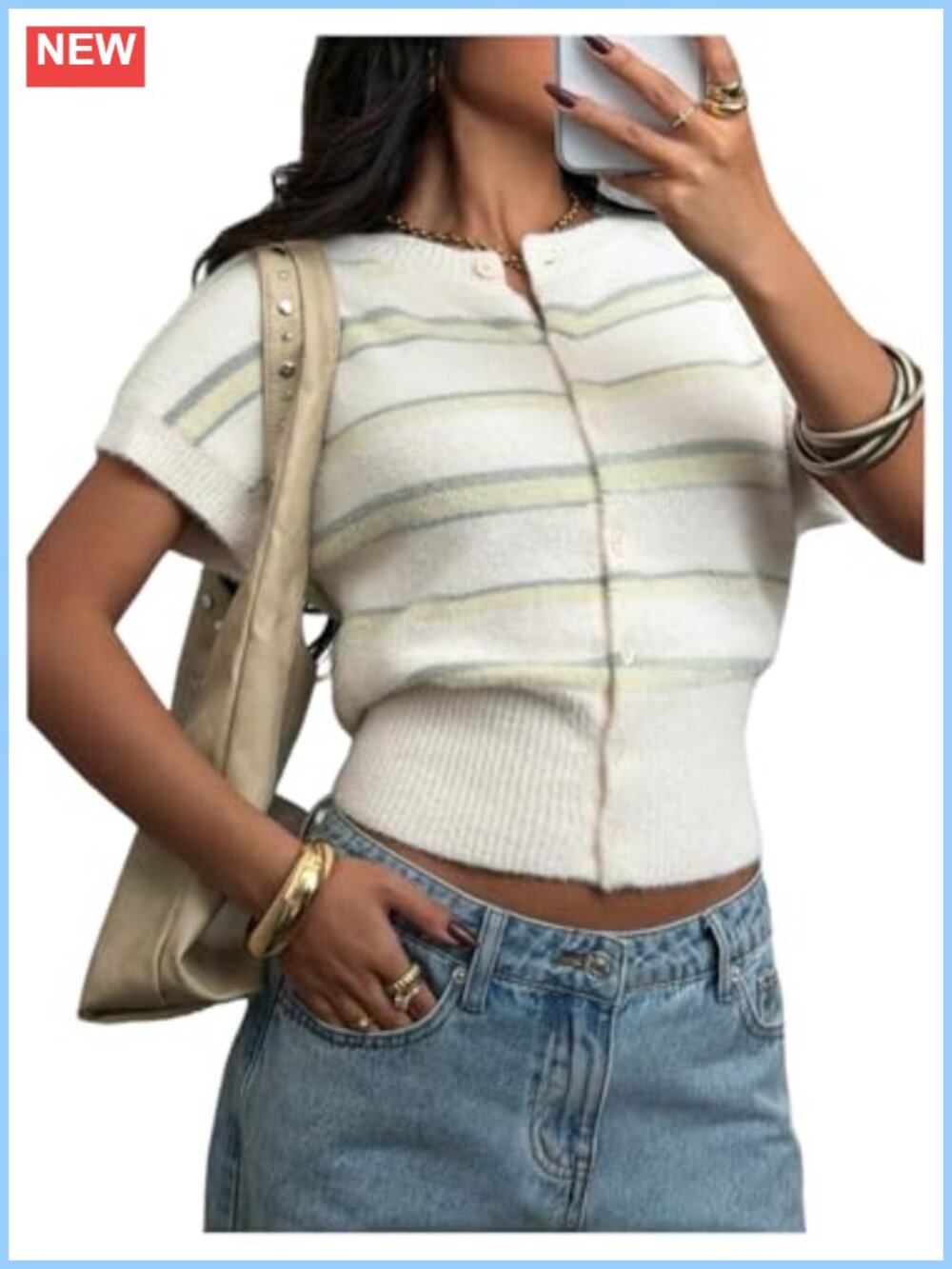 Striped Short Sleeve Cropped Cardigan Sweater Button Up Knit